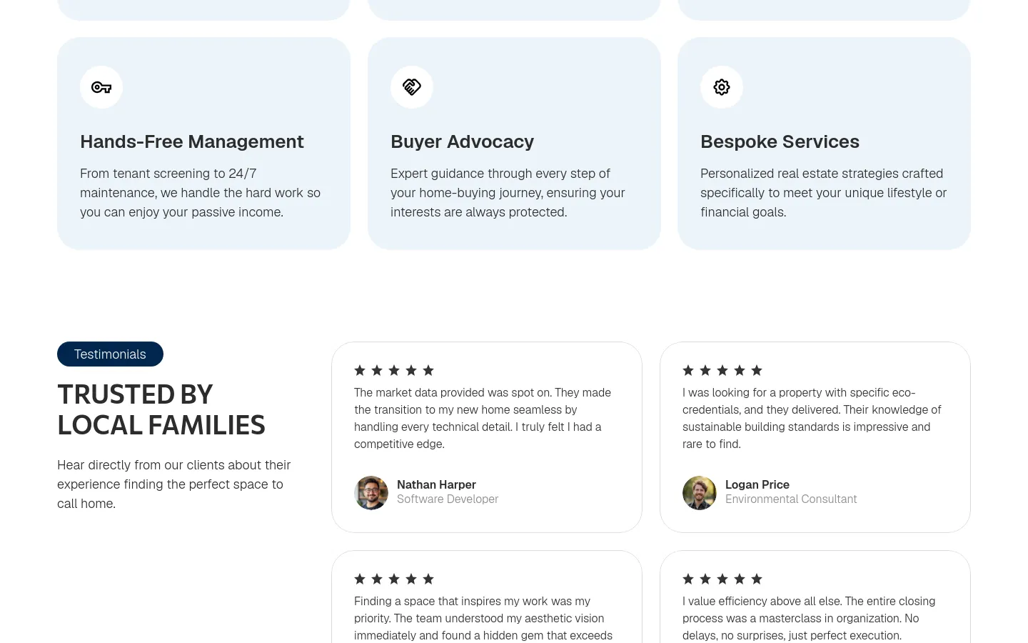 Austral Properties service panels and testimonials