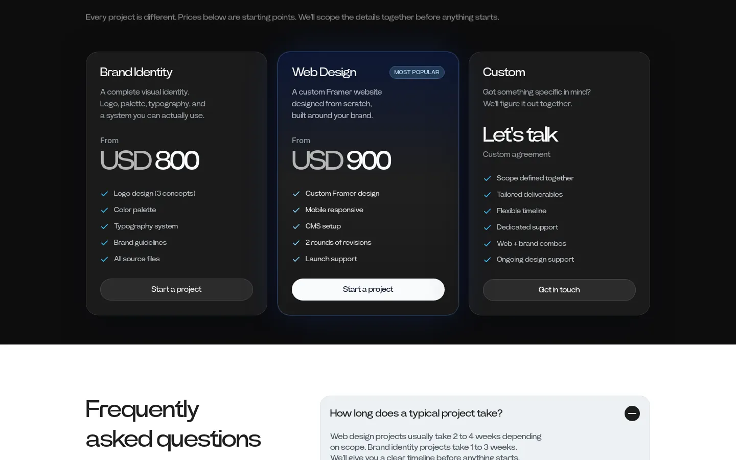 Meridian pricing cards for brand identity, web design and custom work